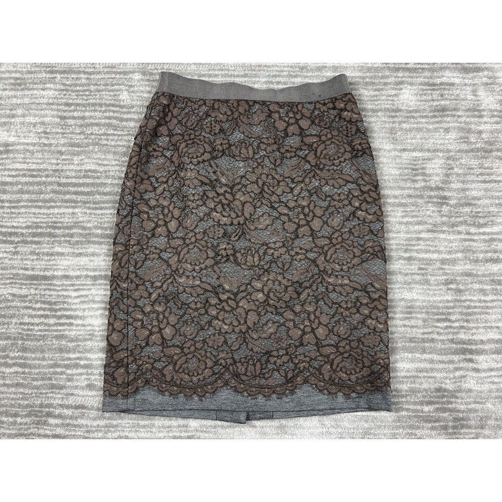 LOFT Pencil Skirt Womens 0 Grey Brown Floral Lace Overlay Scalloped Hem‎ Career